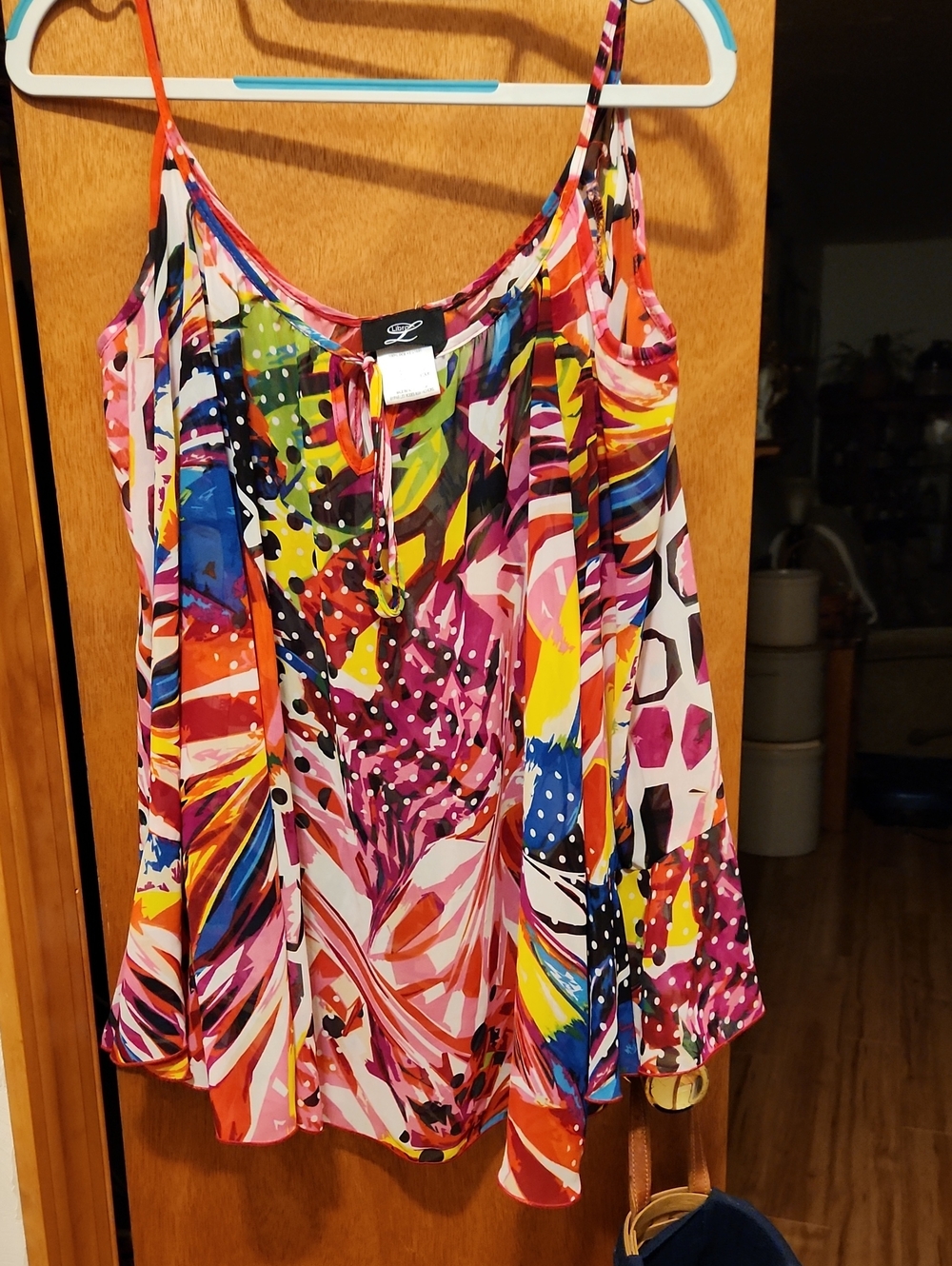 Libra Multicolor Print Spaghetti Strap Shear Long Sleeve Blouse Top